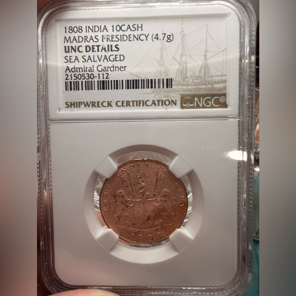SOLD 

Shipwreck coin 
1808 India 10cash. Uncirculated details, NGC slab 🔥